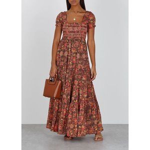 NEW Free People Red Floral Smocked Getaway Tiered Ruffle Maxi Dress - Size XL